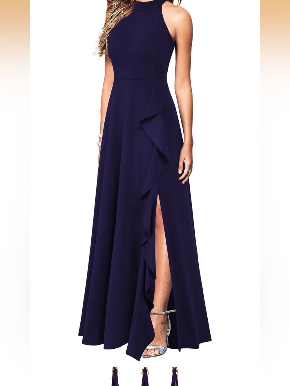 Women's Navy High-Neck Ruffle Evening Dress Size Medium